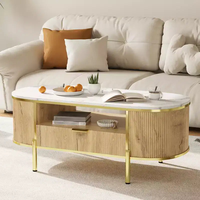 Table basse rainurée moderne, table basse ovale de 48 pouces avec tiroirs, plateau en imitation marbre, garniture métallique, table centrale en chêne naturel pour salon