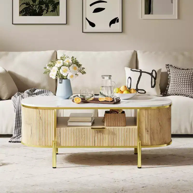 Table basse rainurée moderne, table basse ovale de 48 pouces avec tiroirs, plateau en imitation marbre, garniture métallique, table centrale en chêne naturel pour salon