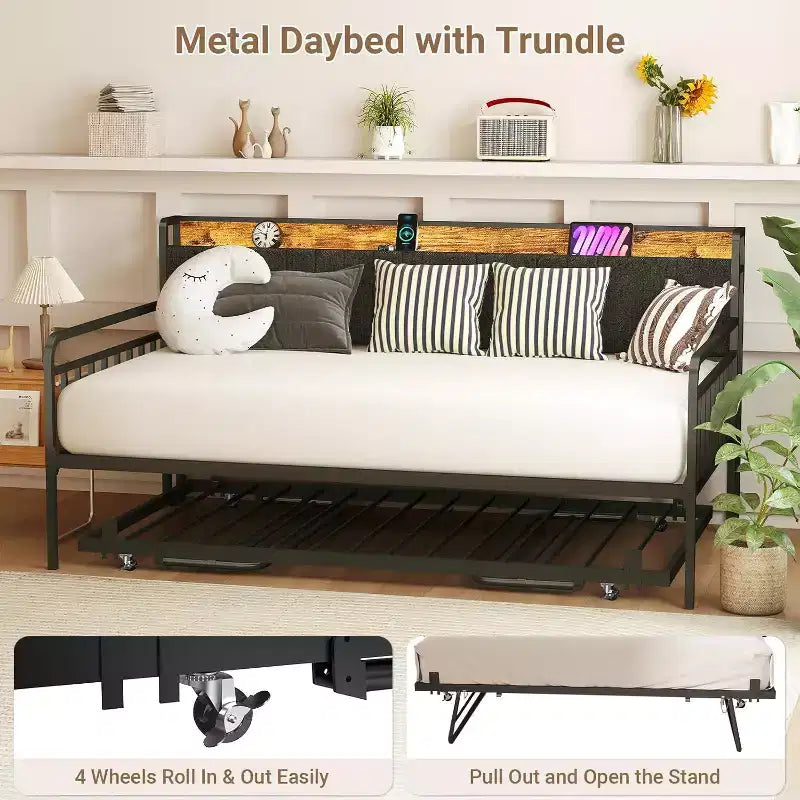 Lit de repos double avec lit gigogne escamotable, tête de lit à LED pour chambres d'amis