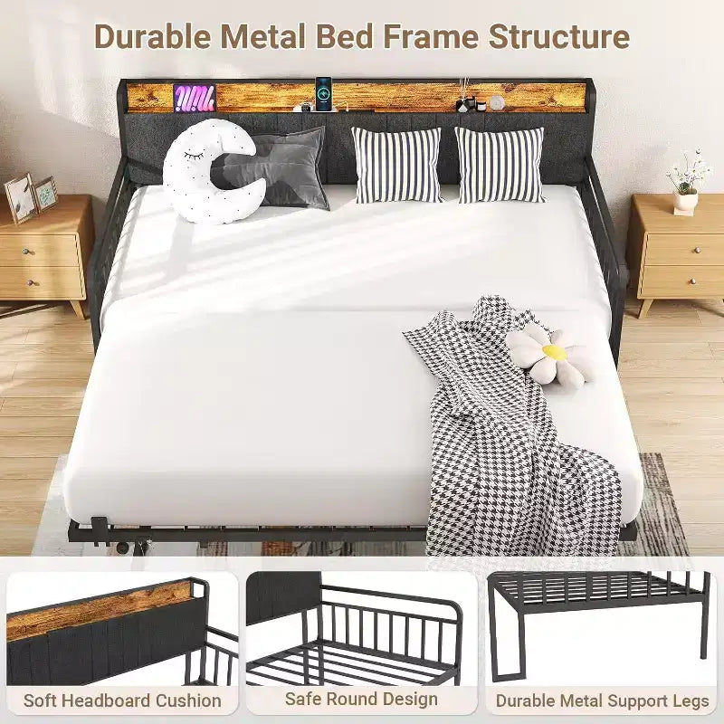 Lit de repos double avec lit gigogne escamotable, tête de lit à LED pour chambres d'amis