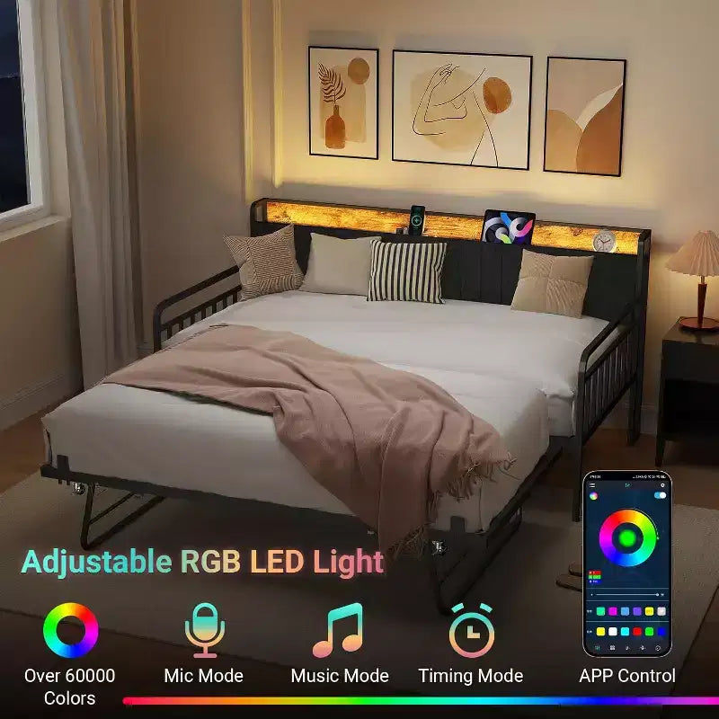 Lit de repos double avec lit gigogne escamotable, tête de lit à LED pour chambres d'amis