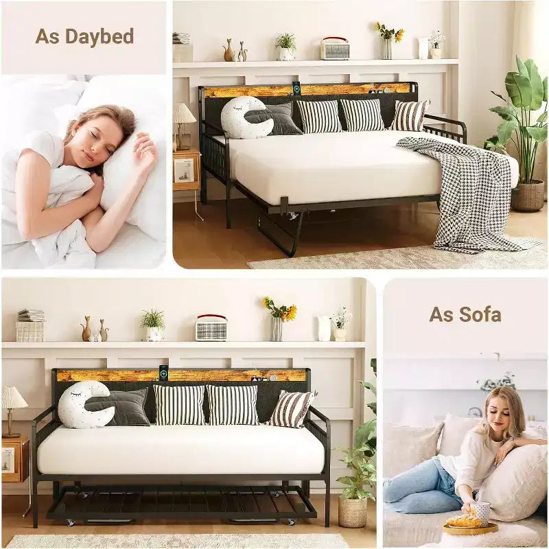 Lit de repos double avec lit gigogne escamotable, tête de lit à LED pour chambres d'amis