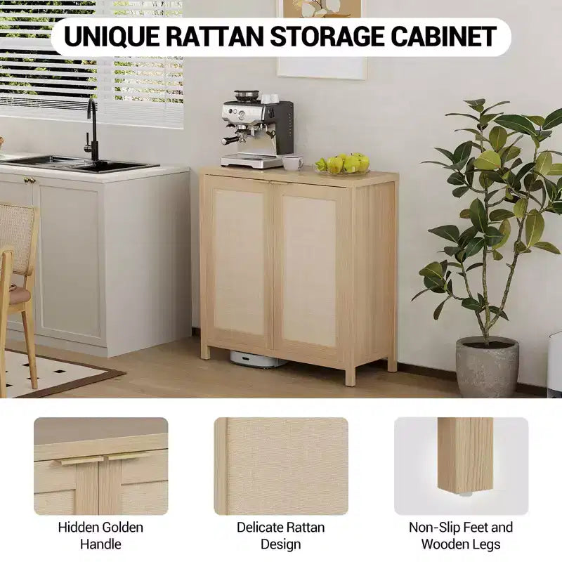 Meuble de rangement en rotin sur pied avec étagères réglables, buffet moderne pour salon et salle à manger