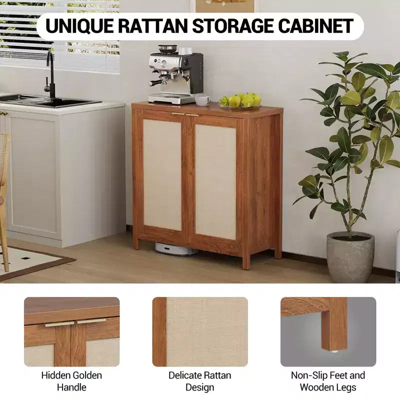 Meuble de rangement en rotin sur pied avec étagères réglables, buffet moderne pour salon et salle à manger