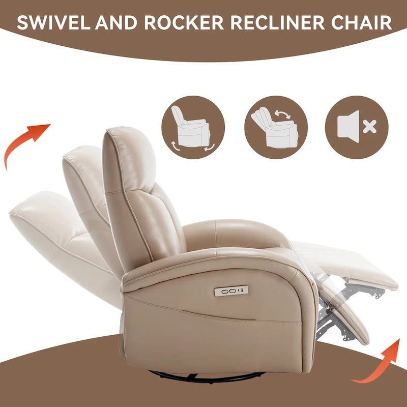 Fauteuil inclinable électrique pivotant et à bascule en similicuir avec soutien lombaire, pivotement maximal de 270 degrés, ports USB et Type-C