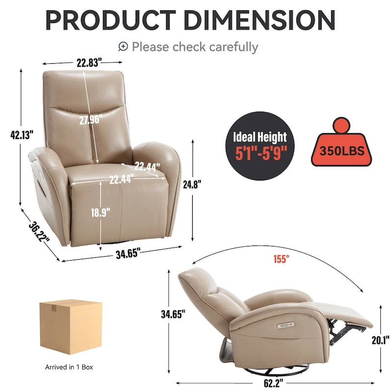 Fauteuil inclinable électrique pivotant et à bascule en similicuir avec soutien lombaire, pivotement maximal de 270 degrés, ports USB et Type-C