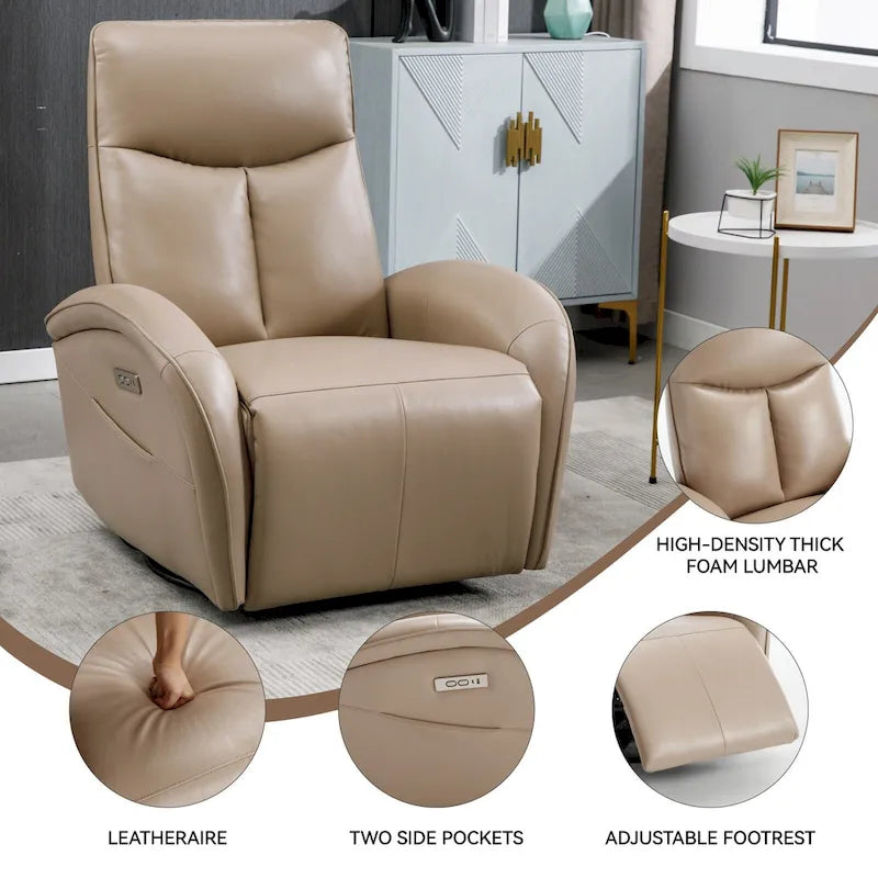 Fauteuil inclinable électrique pivotant et à bascule en similicuir avec soutien lombaire, pivotement maximal de 270 degrés, ports USB et Type-C