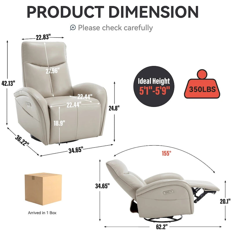Fauteuil inclinable électrique pivotant et à bascule en similicuir avec soutien lombaire, pivotement maximal de 270 degrés, ports USB et Type-C