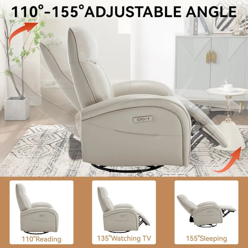 Fauteuil inclinable électrique pivotant et à bascule en similicuir avec soutien lombaire, pivotement maximal de 270 degrés, ports USB et Type-C