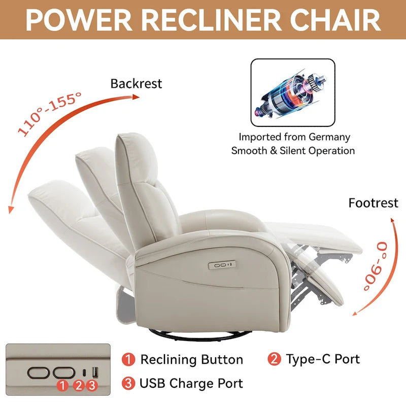 Fauteuil inclinable électrique pivotant et à bascule en similicuir avec soutien lombaire, pivotement maximal de 270 degrés, ports USB et Type-C