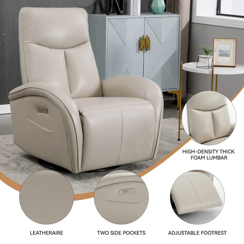 Fauteuil inclinable électrique pivotant et à bascule en similicuir avec soutien lombaire, pivotement maximal de 270 degrés, ports USB et Type-C