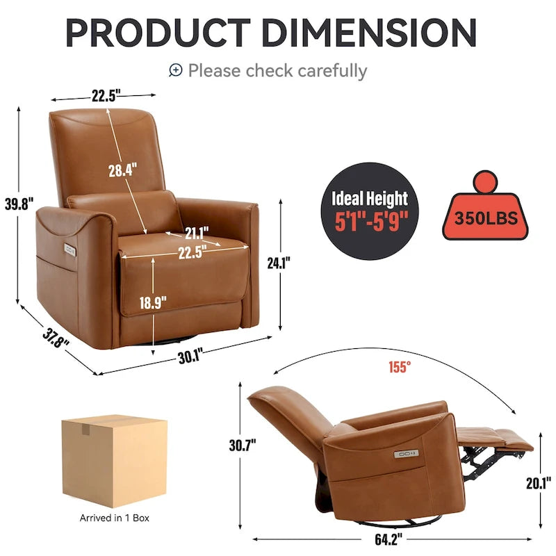 Fauteuil inclinable électrique pivotant et à bascule en cuir synthétique, mécanisme de mouvement robuste avec ports USB et Type-C