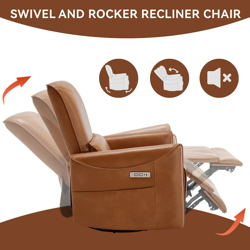 Fauteuil inclinable électrique pivotant et à bascule en cuir synthétique, mécanisme de mouvement robuste avec ports USB et Type-C