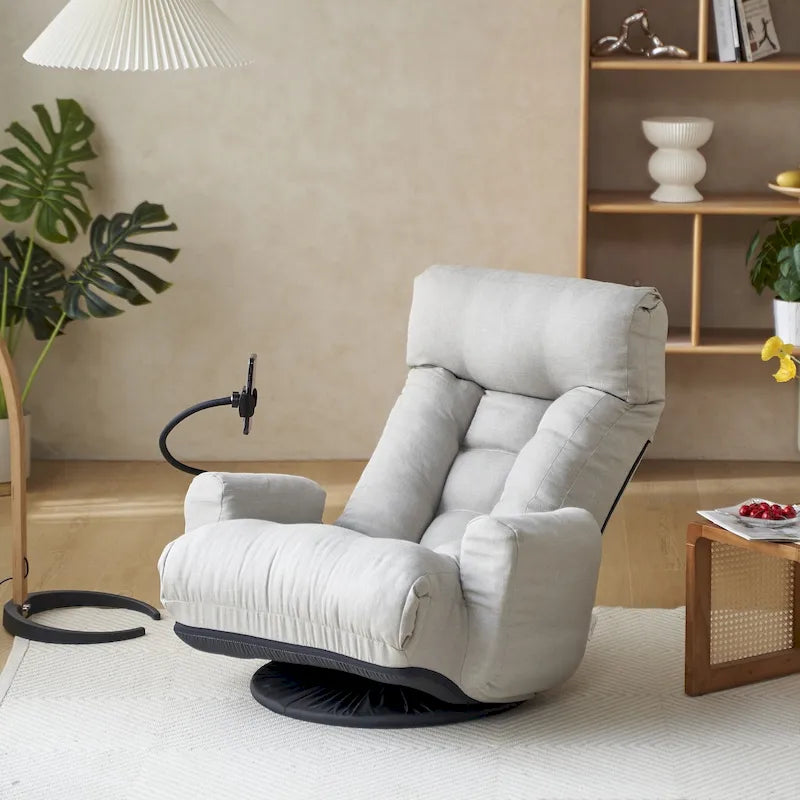 Fauteuil inclinable pivotant gris avec support de téléphone, appui-tête réglable