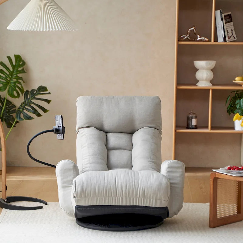 Fauteuil inclinable pivotant gris avec support de téléphone, appui-tête réglable
