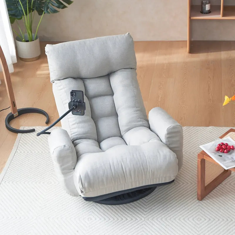 Fauteuil inclinable pivotant gris avec support de téléphone, appui-tête réglable