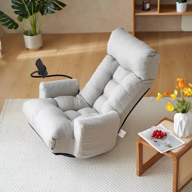 Fauteuil inclinable pivotant gris avec support de téléphone, appui-tête réglable