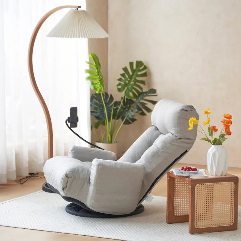 Fauteuil inclinable pivotant gris avec support de téléphone, appui-tête réglable