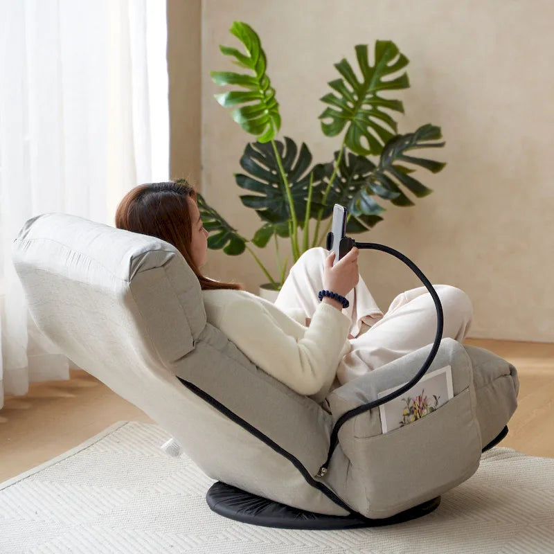 Fauteuil inclinable pivotant gris avec support de téléphone, appui-tête réglable