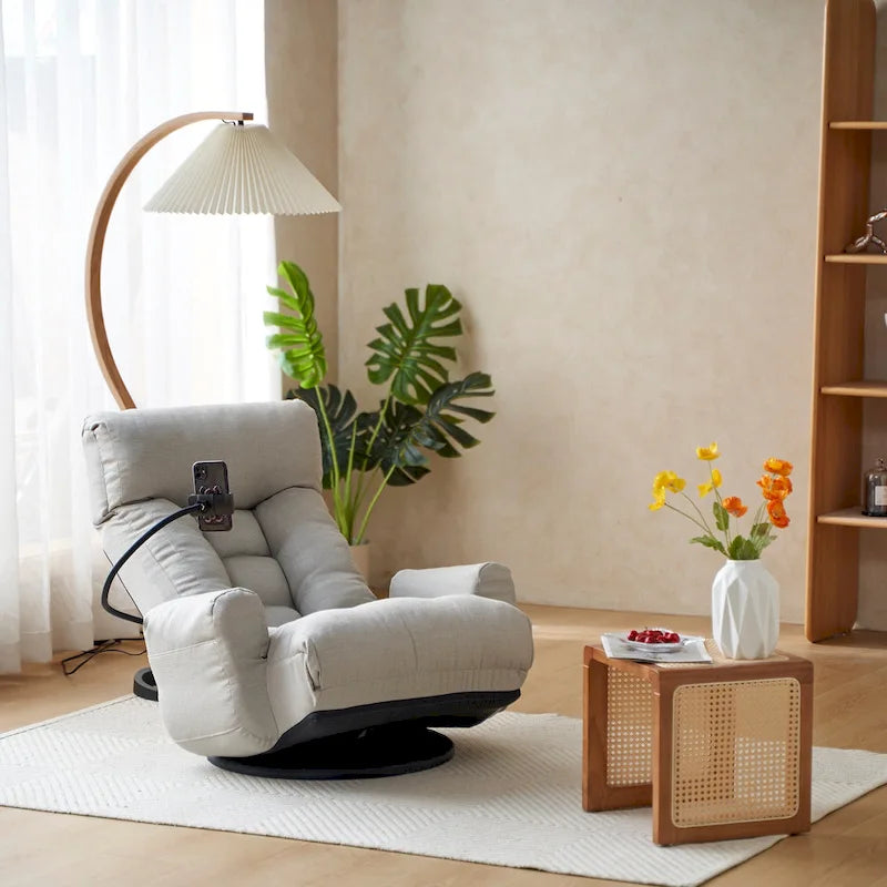 Fauteuil inclinable pivotant gris avec support de téléphone, appui-tête réglable