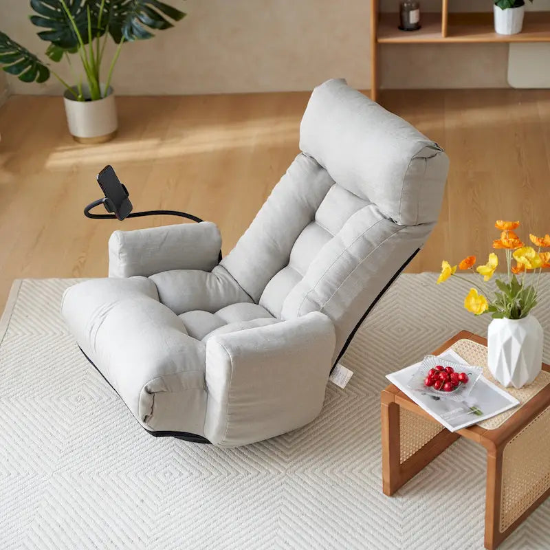 Fauteuil inclinable pivotant gris avec support de téléphone, appui-tête réglable