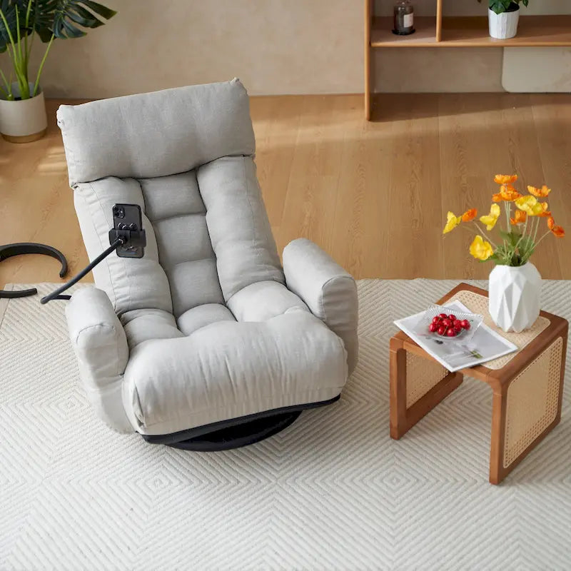 Fauteuil inclinable pivotant gris avec support de téléphone, appui-tête réglable