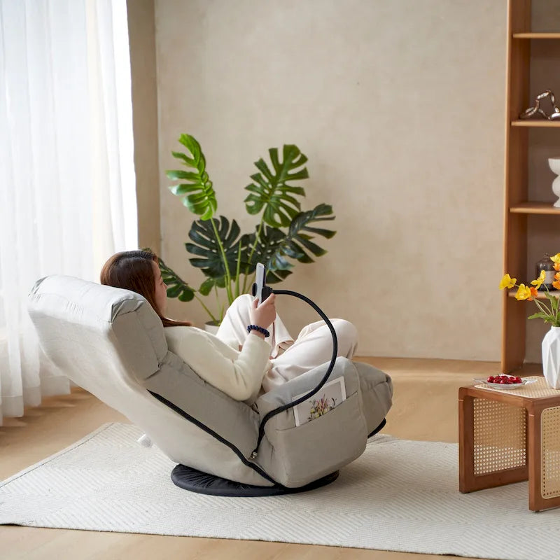 Fauteuil inclinable pivotant gris avec support de téléphone, appui-tête réglable