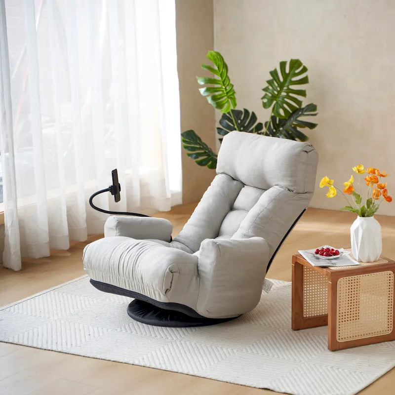 Fauteuil inclinable pivotant gris avec support de téléphone, appui-tête réglable
