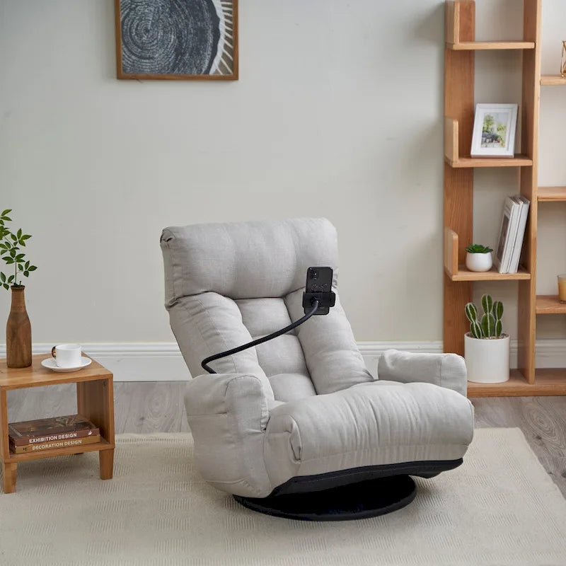 Fauteuil inclinable pivotant gris avec support de téléphone, appui-tête réglable