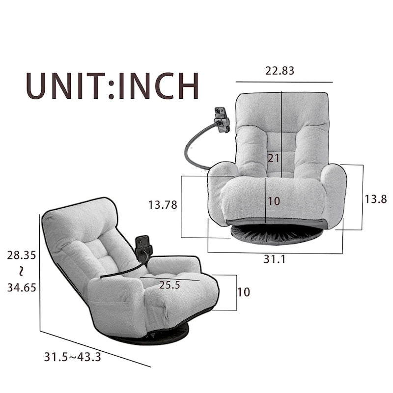 Fauteuil inclinable pivotant gris avec support de téléphone, appui-tête réglable