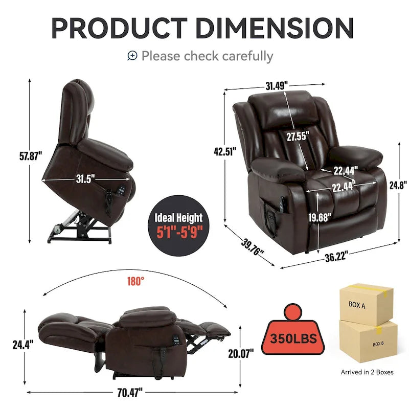 Fauteuil inclinable électrique en cuir véritable marron de taille moyenne avec double moteur, position infinie et capacité de 158 kg