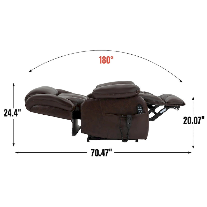 Fauteuil inclinable électrique en cuir véritable marron de taille moyenne avec double moteur, position infinie et capacité de 158 kg