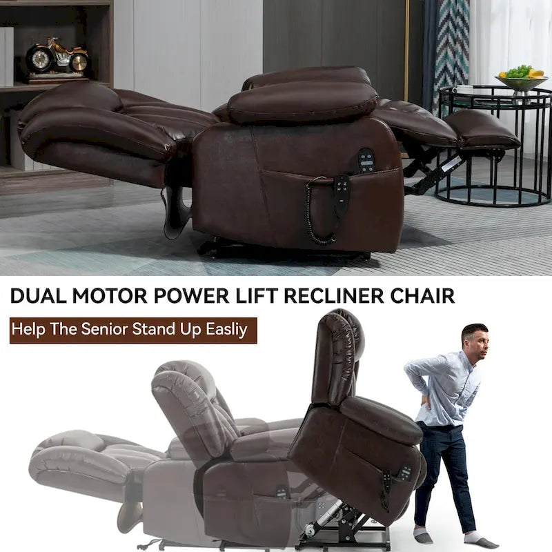Fauteuil inclinable électrique en cuir véritable marron de taille moyenne avec double moteur, position infinie et capacité de 158 kg