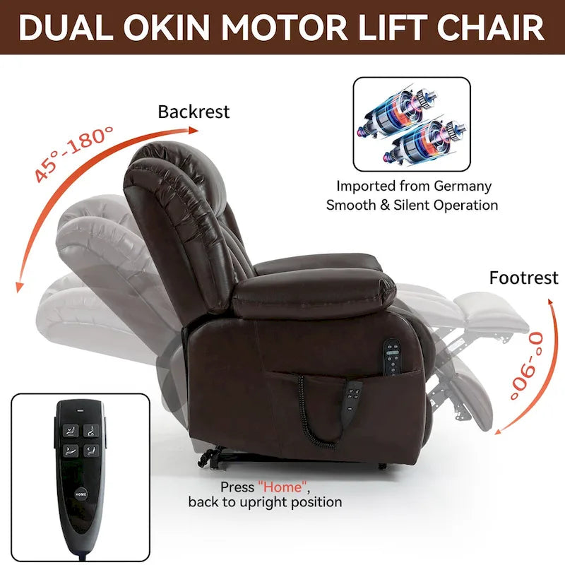 Fauteuil inclinable électrique en cuir véritable marron de taille moyenne avec double moteur, position infinie et capacité de 158 kg