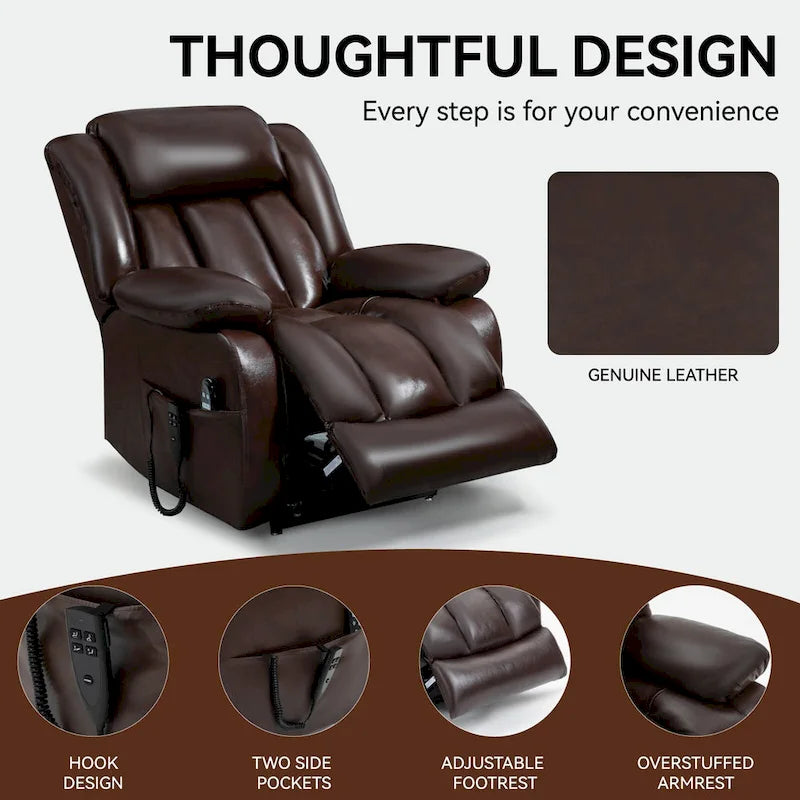 Fauteuil inclinable électrique en cuir véritable marron de taille moyenne avec double moteur, position infinie et capacité de 158 kg