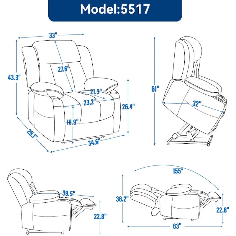 Fauteuil inclinable releveur électrique en chenille avec massage vibrant à 8 points et chauffage lombaire, ports USB et Type-C