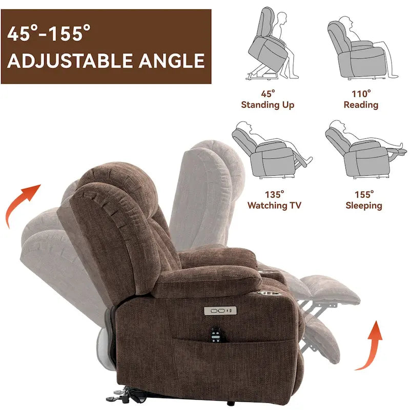 Fauteuil inclinable releveur électrique en chenille avec massage vibrant à 8 points et chauffage lombaire, ports USB et Type-C