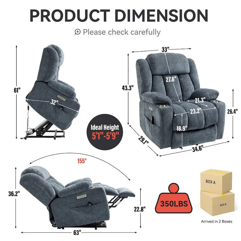 Fauteuil inclinable releveur électrique en chenille avec massage vibrant à 8 points et chauffage lombaire, ports USB et Type-C