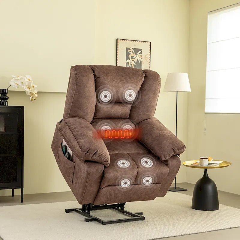 Fauteuil inclinable releveur en velours marron, massage, chauffant, poches, 8 points