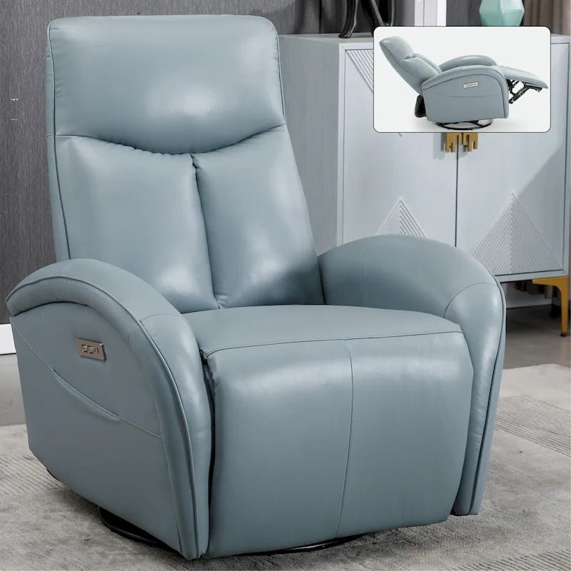 Fauteuil inclinable électrique pivotant et coulissant en cuir véritable bleu avec ports USB, Type-C et poches