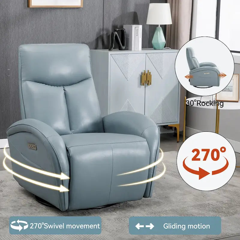 Fauteuil inclinable électrique pivotant et coulissant en cuir véritable bleu avec ports USB, Type-C et poches