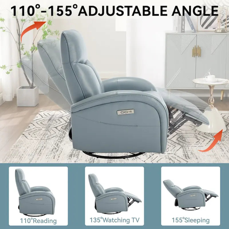 Fauteuil inclinable électrique pivotant et coulissant en cuir véritable bleu avec ports USB, Type-C et poches