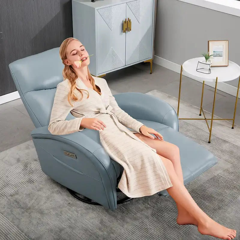 Fauteuil inclinable électrique pivotant et coulissant en cuir véritable bleu avec ports USB, Type-C et poches