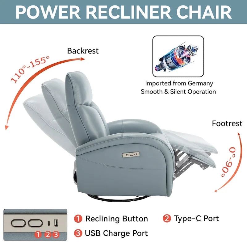 Fauteuil inclinable électrique pivotant et coulissant en cuir véritable bleu avec ports USB, Type-C et poches