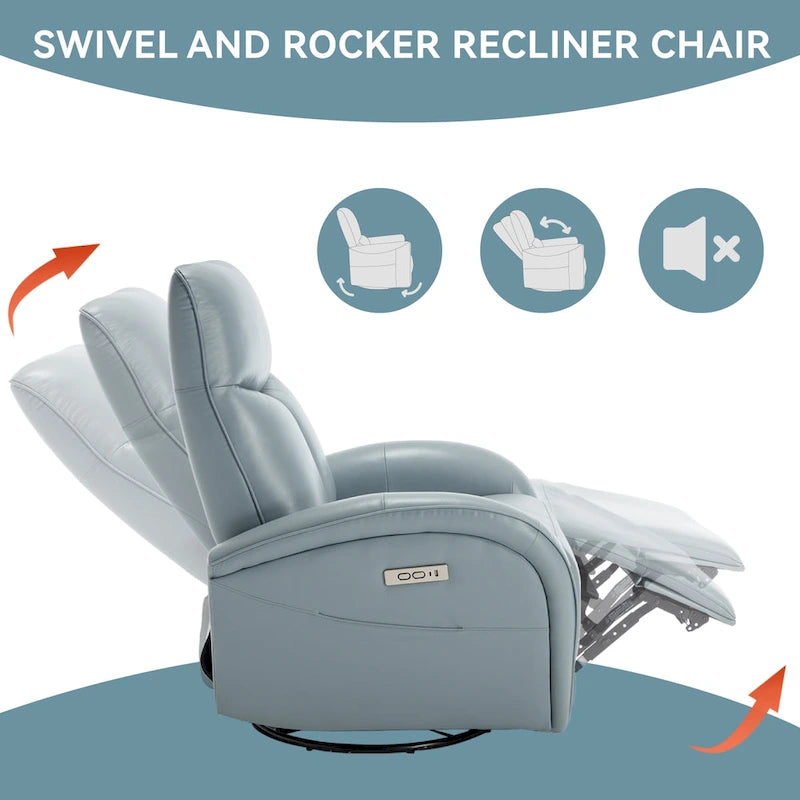Fauteuil inclinable électrique pivotant et coulissant en cuir véritable bleu avec ports USB, Type-C et poches
