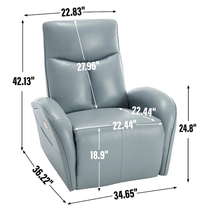 Fauteuil inclinable électrique pivotant et coulissant en cuir véritable bleu avec ports USB, Type-C et poches