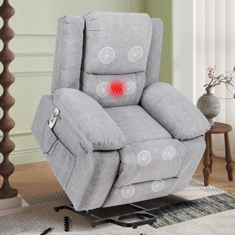Fauteuil inclinable releveur électrique en velours gris clair avec points de massage, chauffage lombaire et poche de rangement