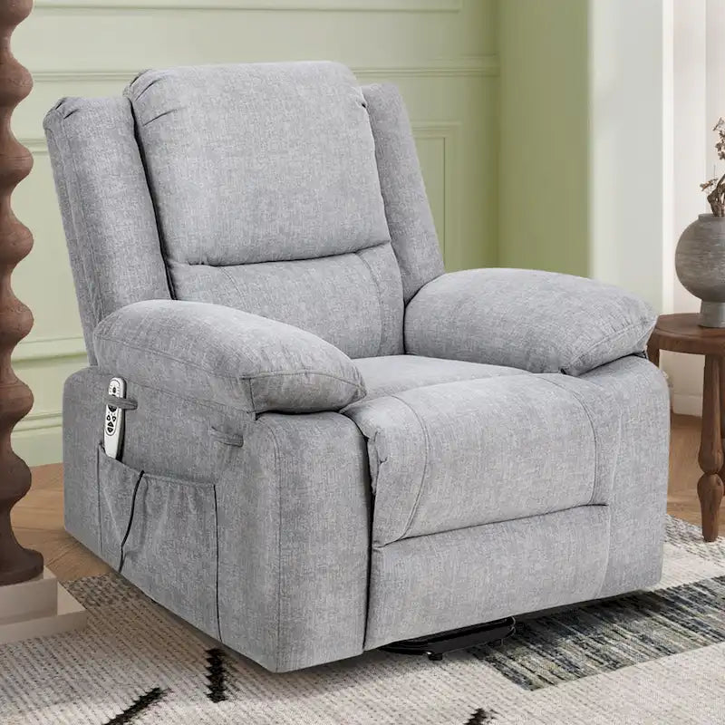Fauteuil inclinable releveur électrique en velours gris clair avec points de massage, chauffage lombaire et poche de rangement