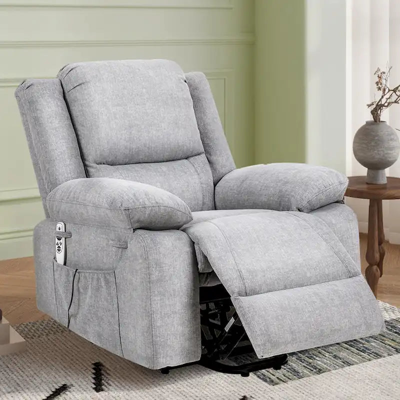 Fauteuil inclinable releveur électrique en velours gris clair avec points de massage, chauffage lombaire et poche de rangement