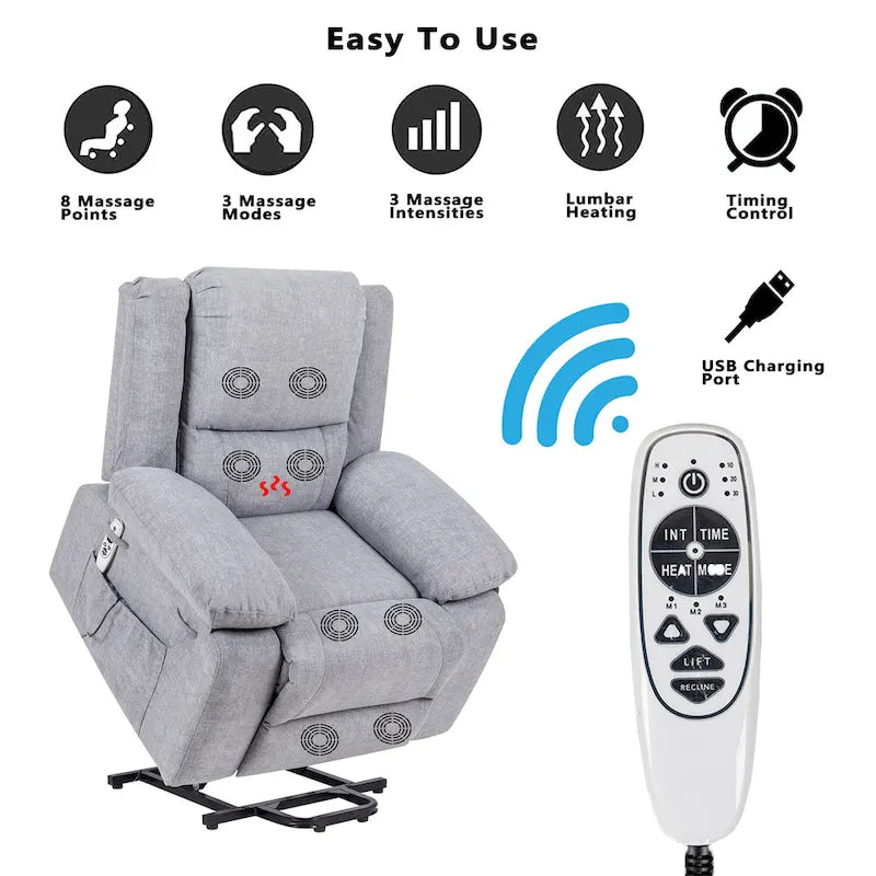 Fauteuil inclinable releveur électrique en velours gris clair avec points de massage, chauffage lombaire et poche de rangement